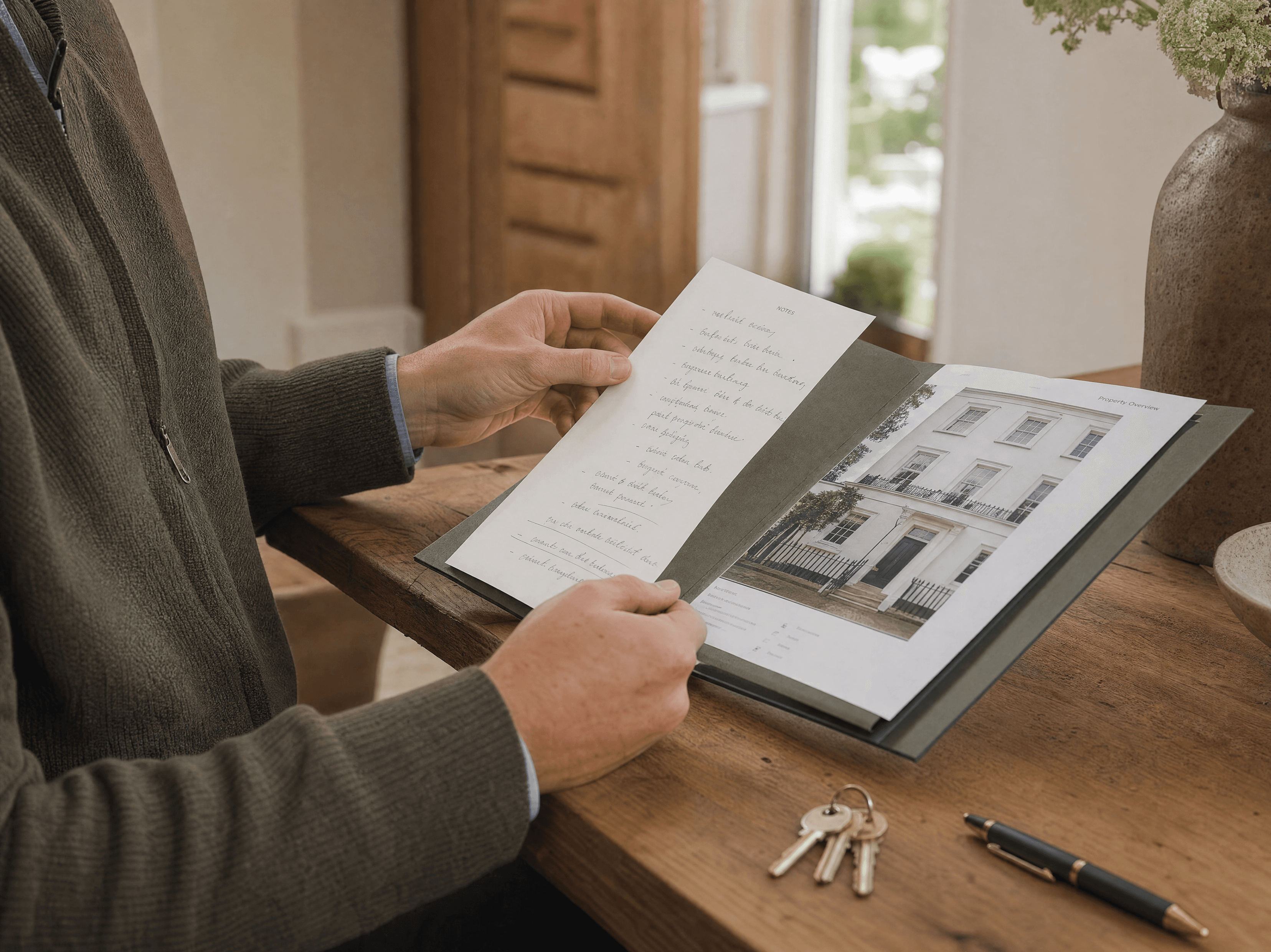 Close-up of hands reviewing a property details folder alongside house keys