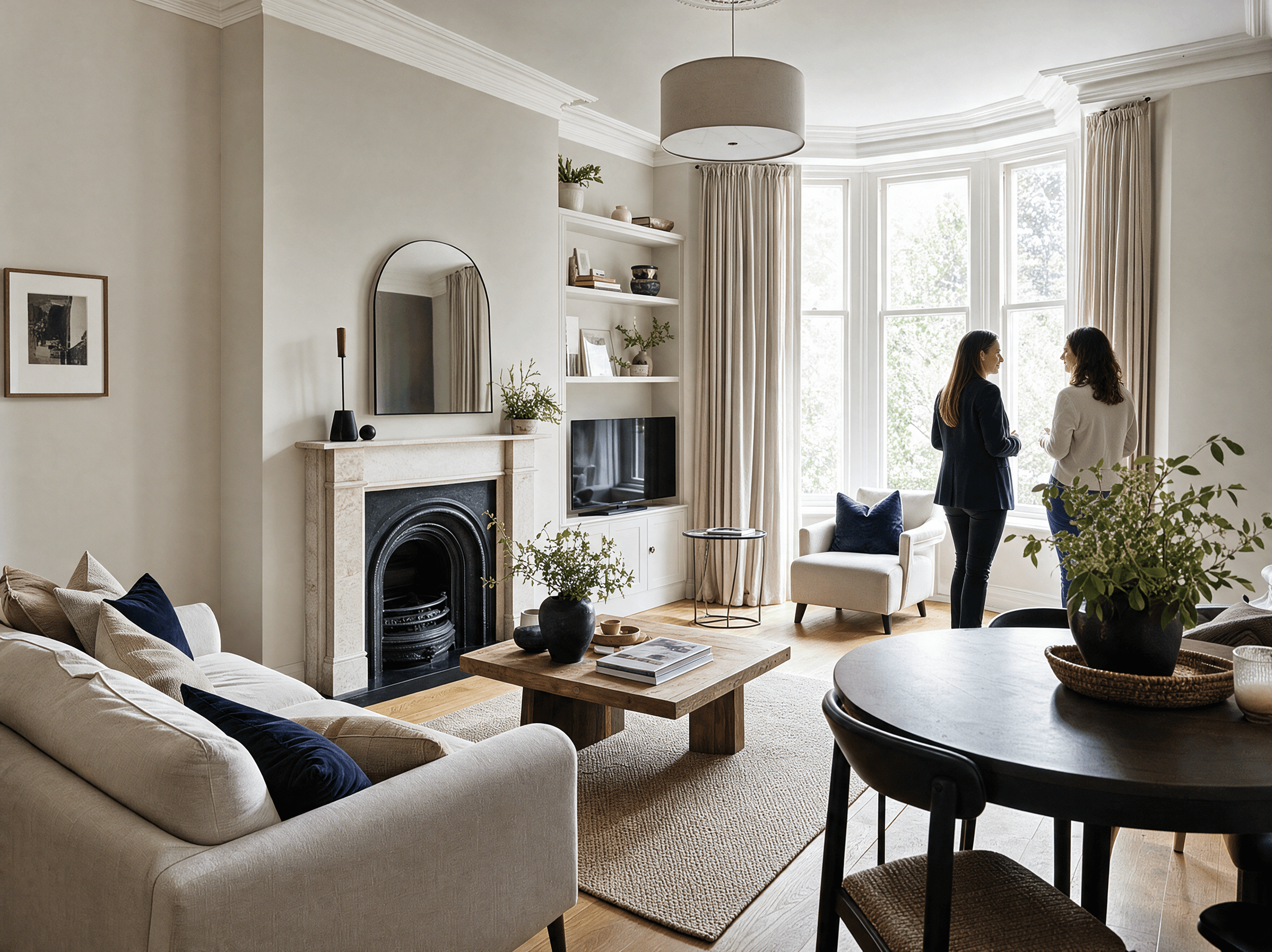 A bay-windowed reception room with two people talking near the window during a property viewing