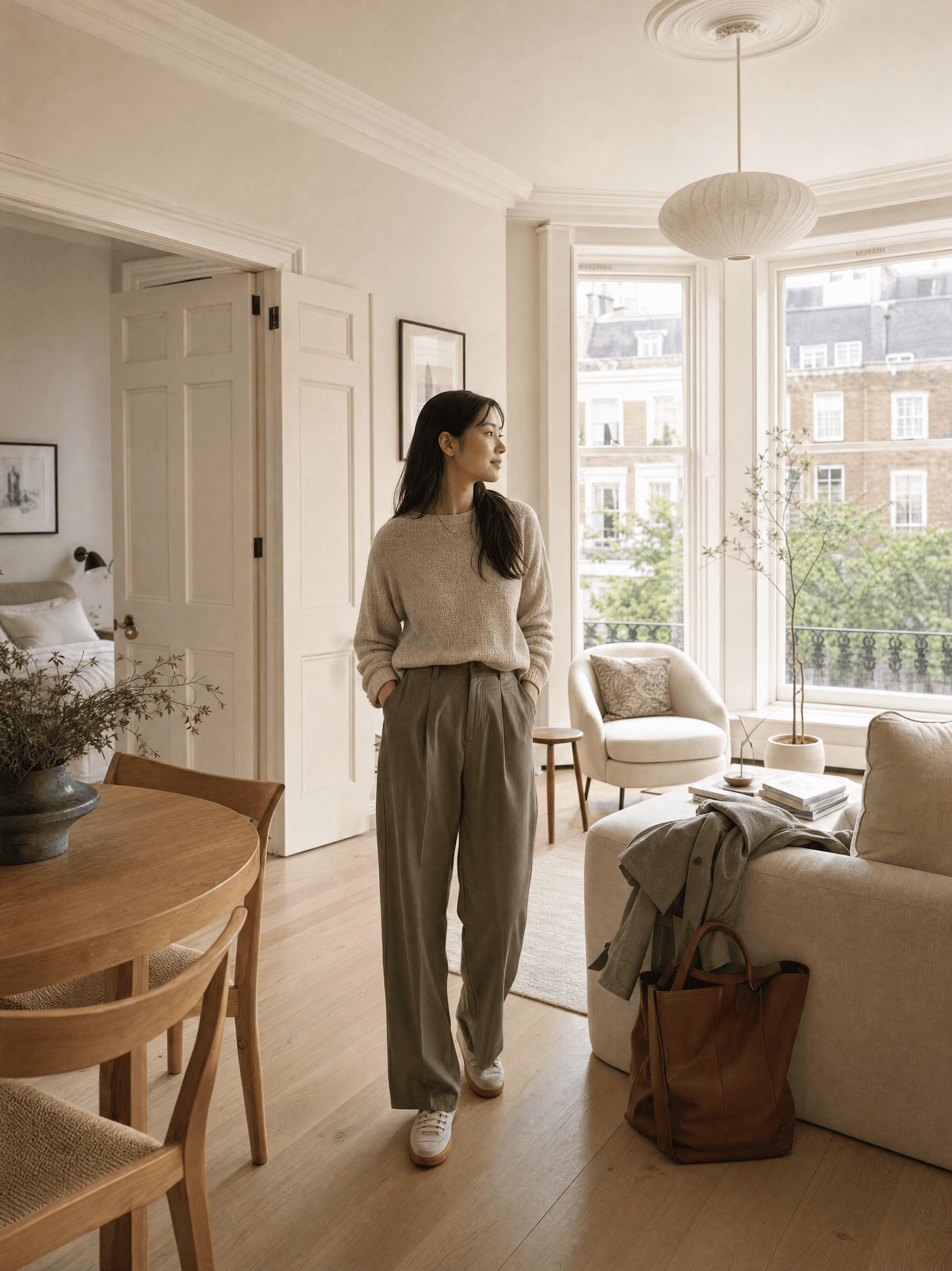 Tenant standing in a bright, quietly furnished rental apartment