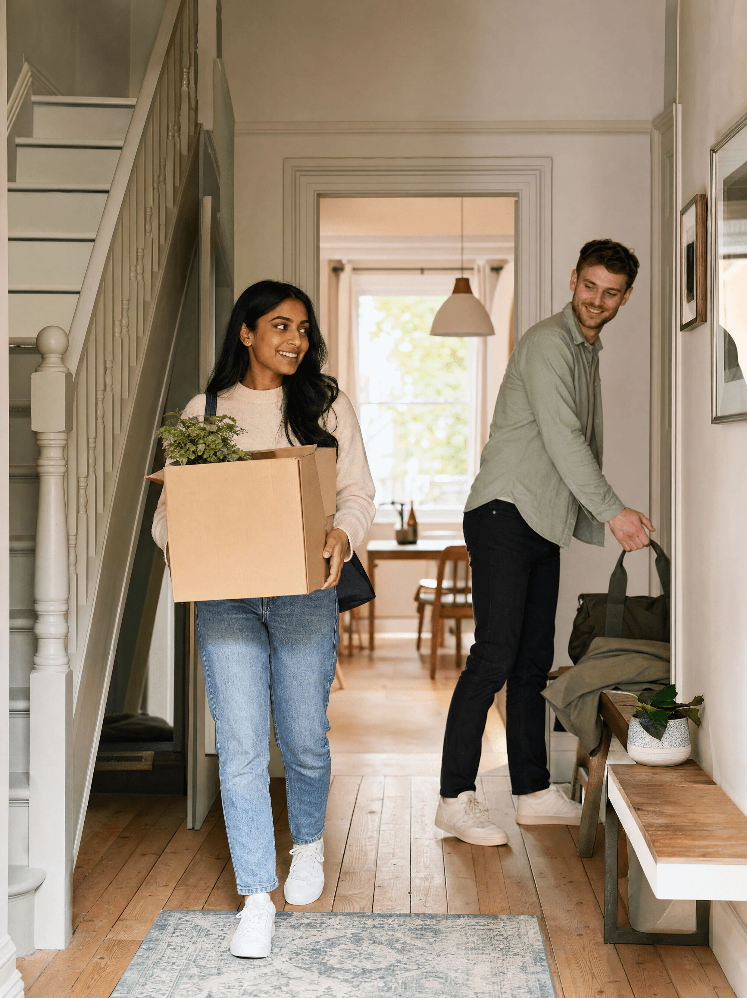 Tenants carrying belongings into their new rental home on move-in day